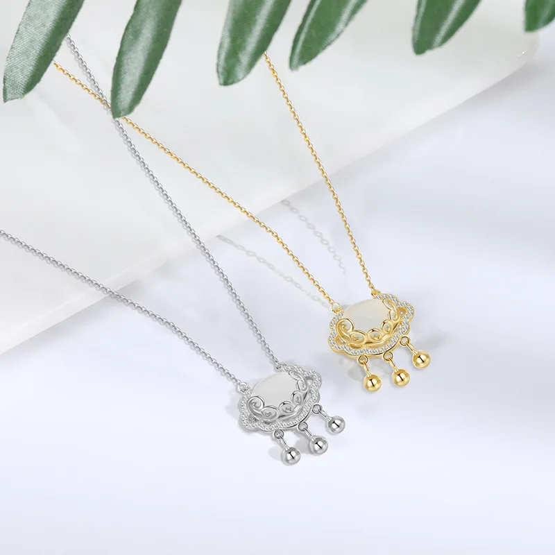 New Xiangyun Ruyi Safety Lock Necklace WomenS925Silver White Jade Longevity Chalcedony Pendant Clavicle Chain