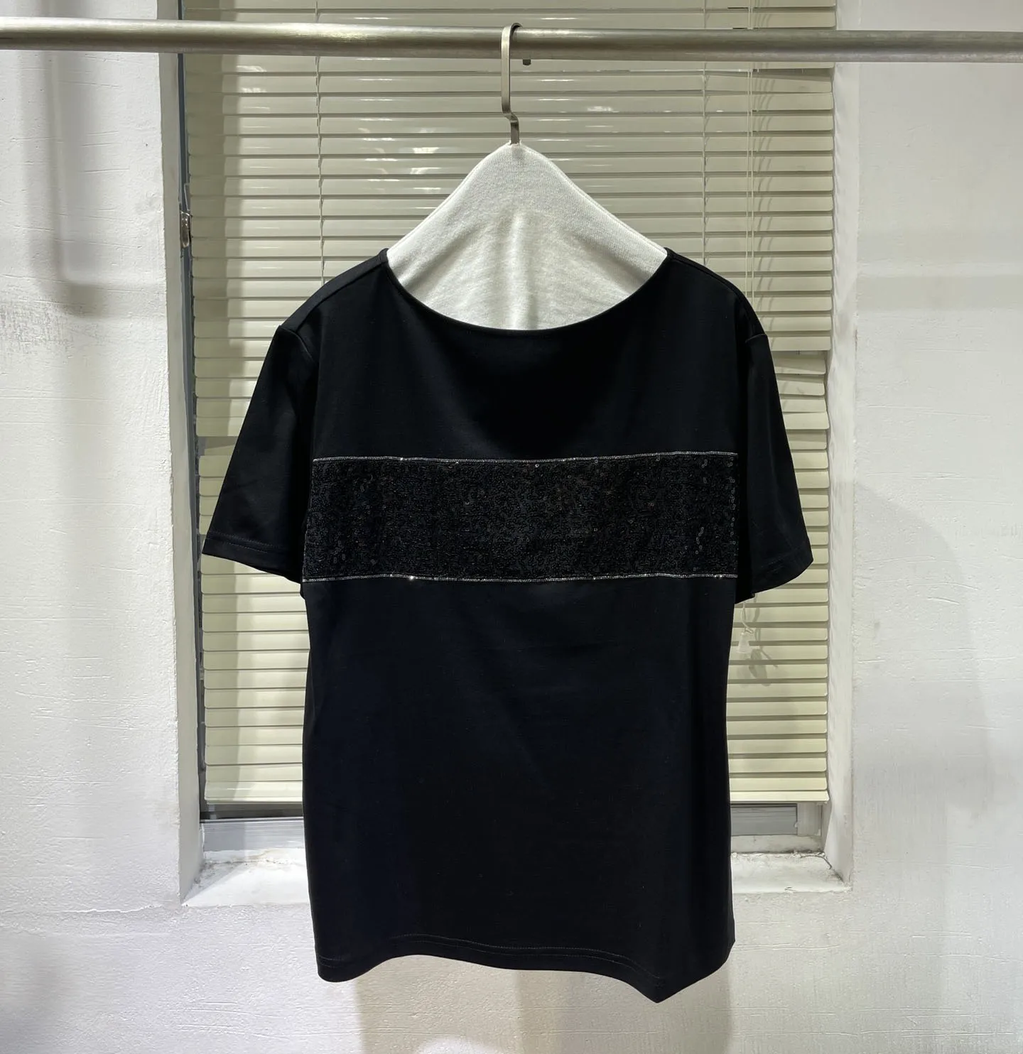 

summer women o-neck sequins patchwork t-shirts short sleeve tees tops black