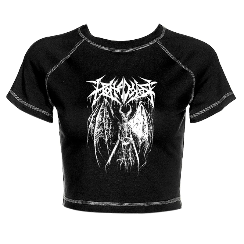 

Женский Готический кроп-топ с коротким рукавом, футболка в стиле Харадзюку С Рисунком скелета и крыла демона