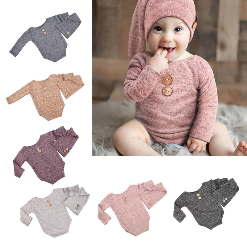 

2Pcs/Set Newborn Baby Long Sleeve Onesie with Knotted Long Tail Hat Buttons Solid Color Infant Bodysuit Rompers Photo Prop