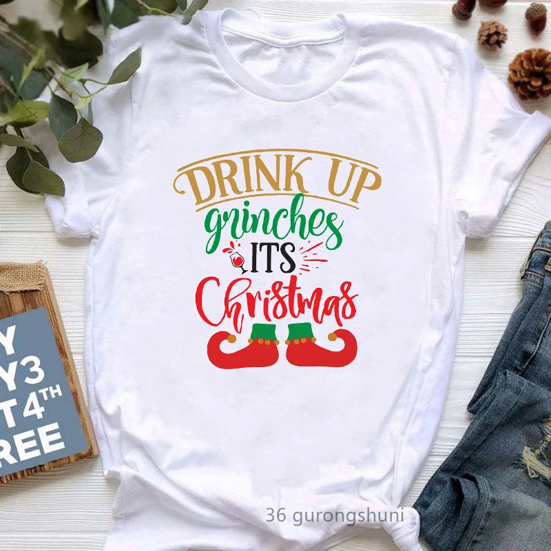 Drink Up Grinches It'S Christmas Letter Print T-Shirt Women Harajuku Kawaii Clothes Summer Fashion White Tshirt Femme Wholesale