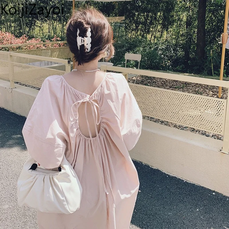 

Koijizayoi Pink Women Backless Loose Long Dress 2022 Lady Summer Fashion Straight Dresses Female Korean Chic Vestidos Lace Up