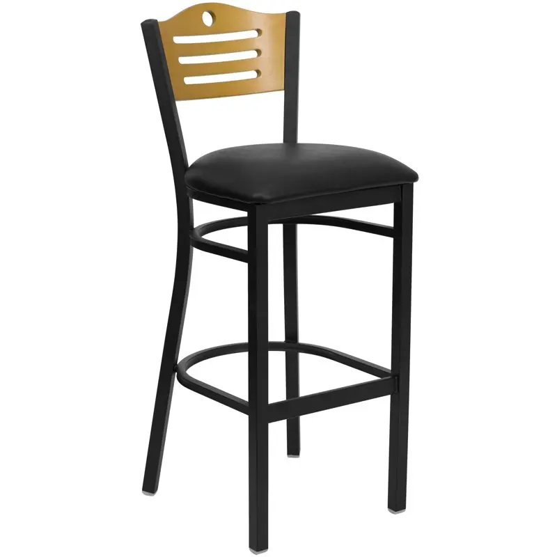 

HERCULES Series Black Slat Back Metal Restaurant Barstool - Natural Wood Back, Black Vinyl