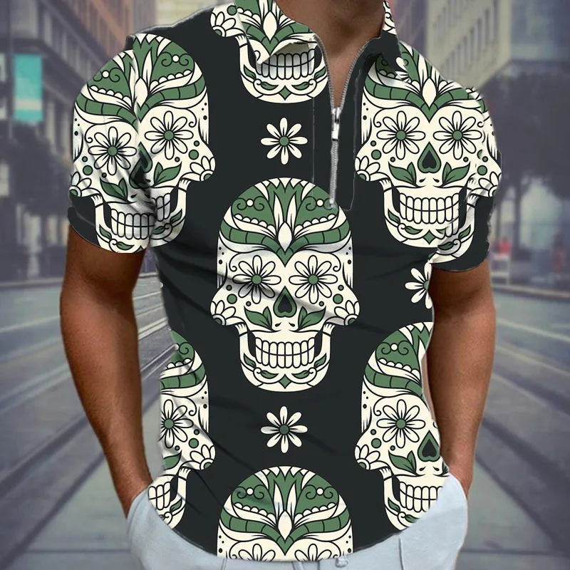 Casual Polo Shirt Skull Print Men's Summer Short Sleeve Top Luxury Lapel Zipper Fashion Street Sportswear