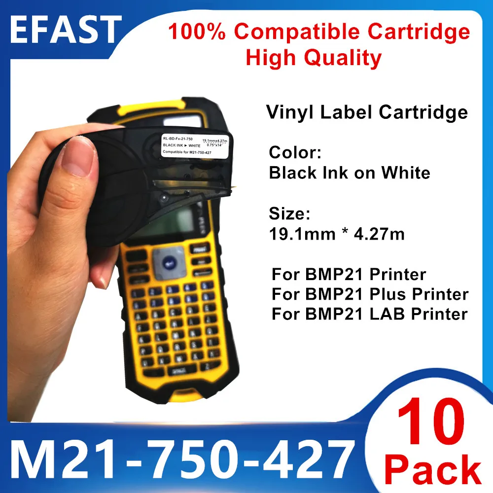 

1~10PK Cartridge M21 750 427-WT-BK Vinyl Label TAG Maker TAPE Ribbon Compatible For Brady BMP21 PLUS,BMP21 LAB Printer Labels