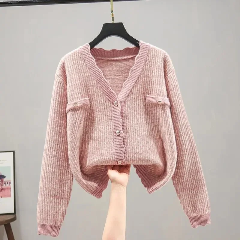 

Женский вязаный свитер в клетку, Свободный Повседневный однобортный Кардиган в Корейском стиле с V-образным вырезом и длинным рукавом, с жем...