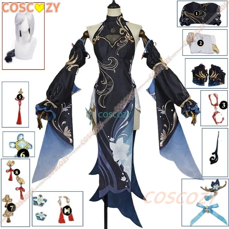 Игра Genshin Impact Shenhe Косплей Костюм Парик Женское Сексуальное Черное Вечернее