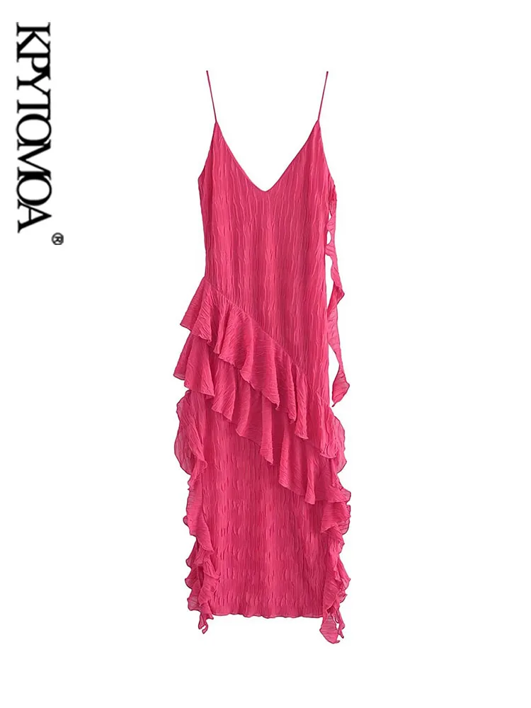

KPYTOMOA Women Fashion With Ruffles Pleated Midi Dress Sexy Backless Thin Straps Female Dresses Vestidos Mujer