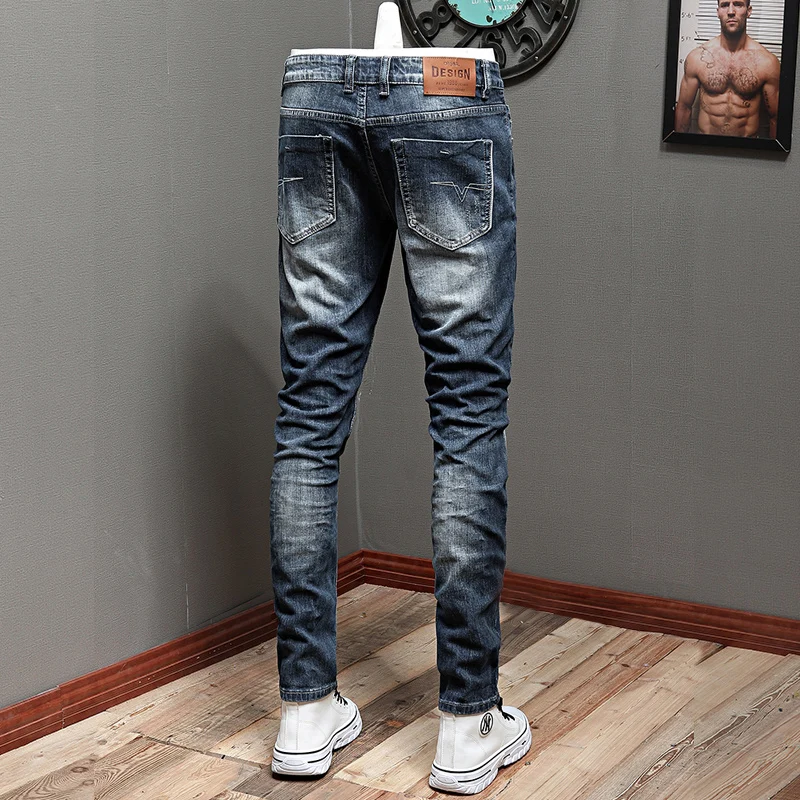 Italian Style Vintage Fashion Men Jeans Retro Blue Classical Trousers Elastic Slim Jeans Men Casual Designer Denim Pants Hombre