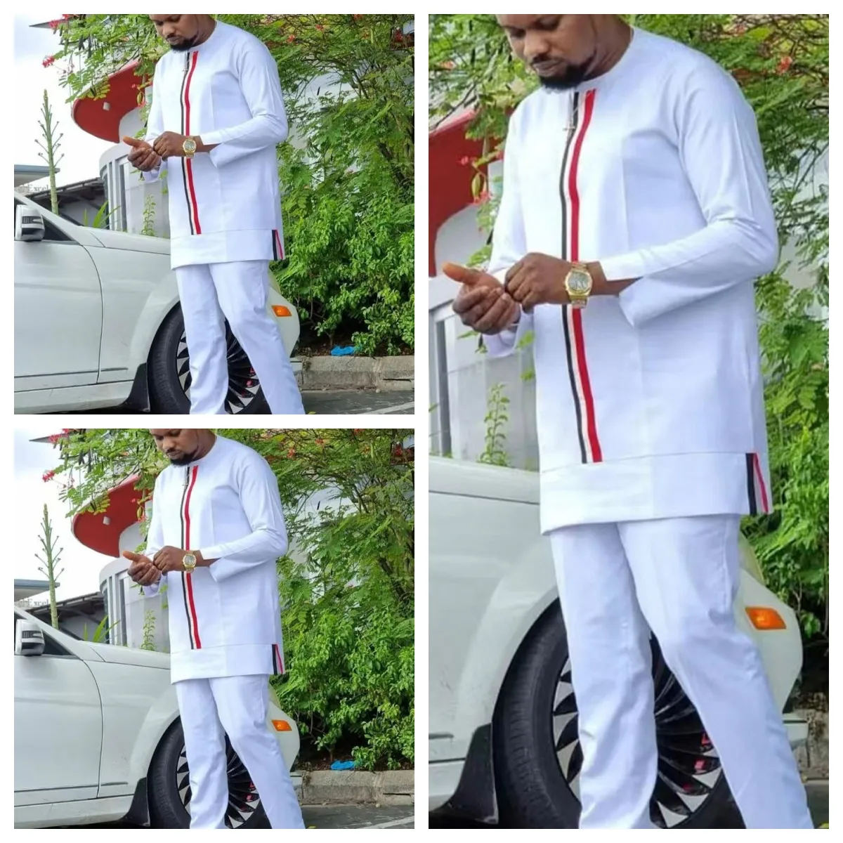 Kaftan African Men's Suit White Long Sleeve Stitching Shirt and Social Pants 2 Pieces Set Wedding Party  Designer Men Clothing