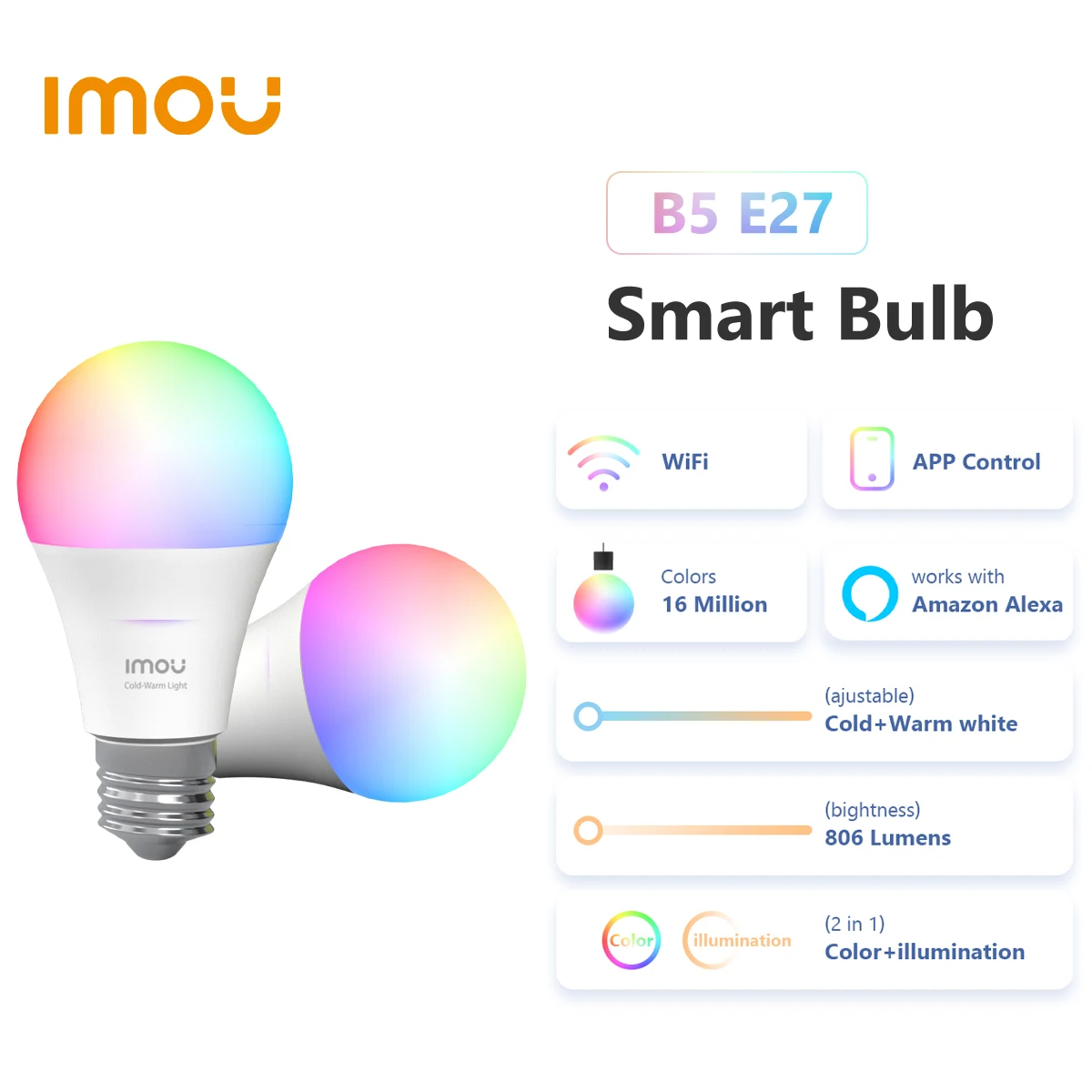 Умная светодиодсветодиодный лампа IMOU B5 220 В 2 шт. цветная E27 RGB работает с Alexa и