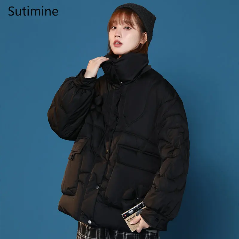 Winter Clothes Women Pockets Casual Flower Cotton Padded Clothes for Women Korean Version Loose and Lovely Zipper Coat Women