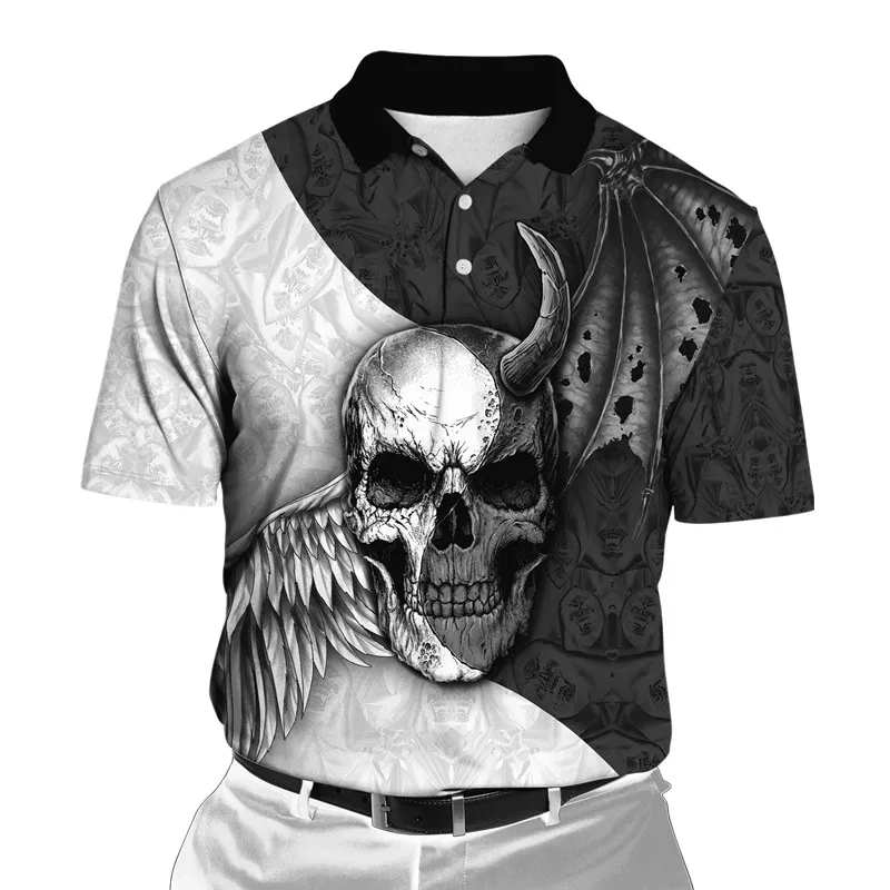 Fashion Satan Demon Blood Skull 3D Full body Print Men's Polo T-shirt Casual Polo Short Sleeve Shirt