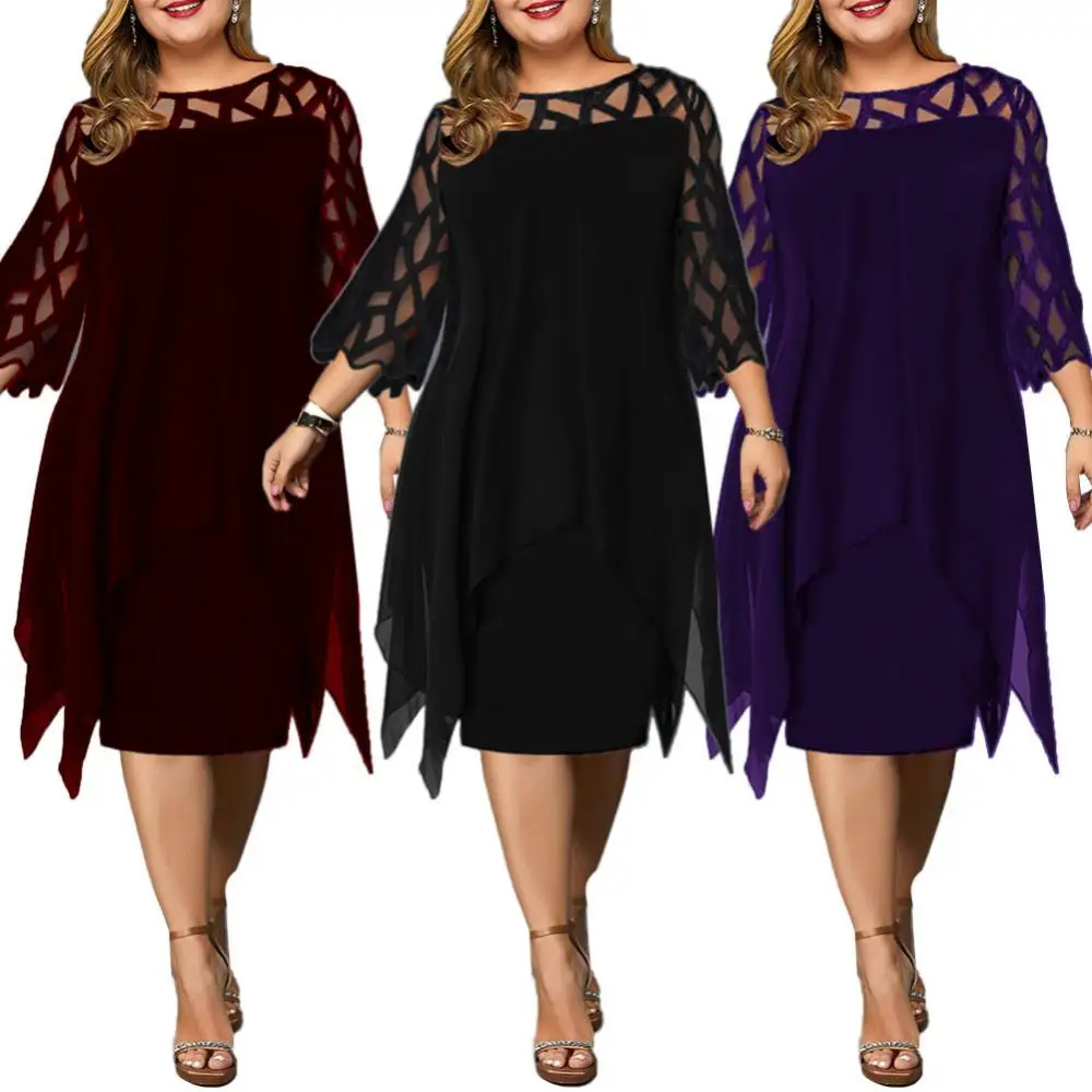

Women See Through 3/4 Sleeve Fake Two Piece Irregular Hem Knee-length Dress