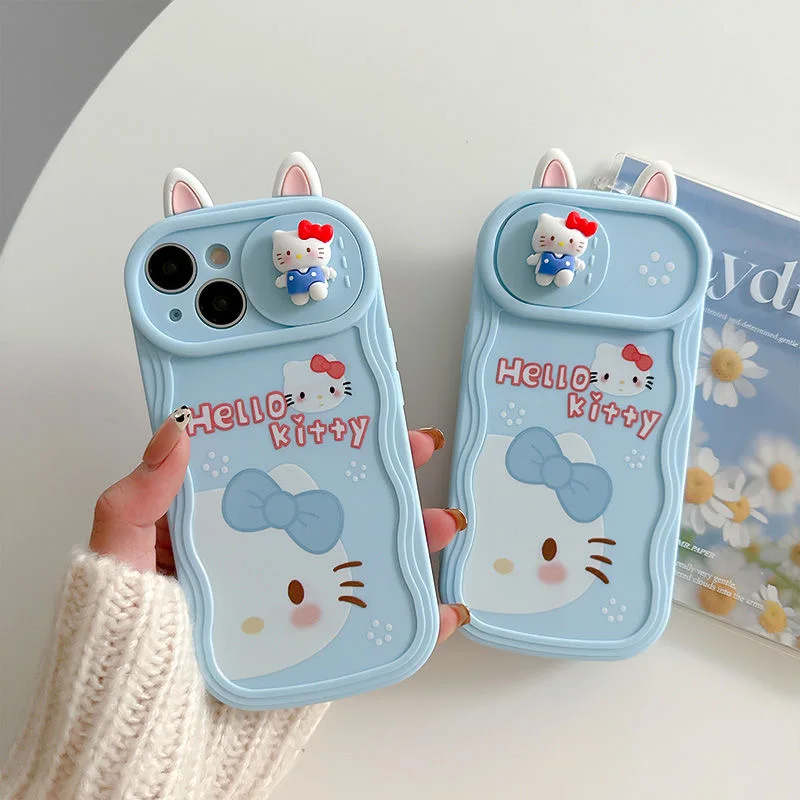 

3D Cartoon Sanrio Hello Kitty with Sliding Window Phone Case for IPhone 14 13 12 11 Pro Max 14 Pro Anti-drop Back Cover Y2k Girl