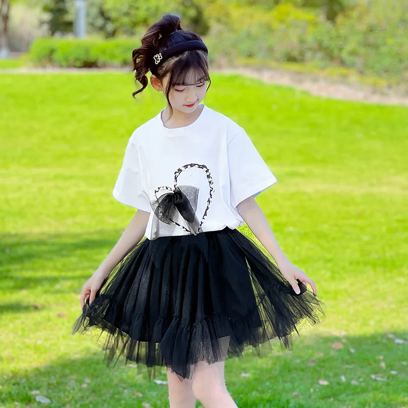 

New Summer Kids 2PCS Girls Clothes Sets Teenage 6 8 10 12 Years Fashion Children Clothing Sets Heart T-shirt Tutu Skirt Outfits