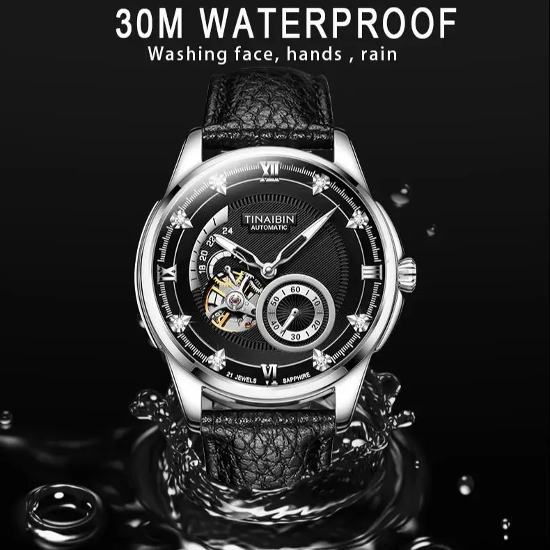 Мужские часы Top Skeleton Roman Diamond с автоматическим механизмом кожаные