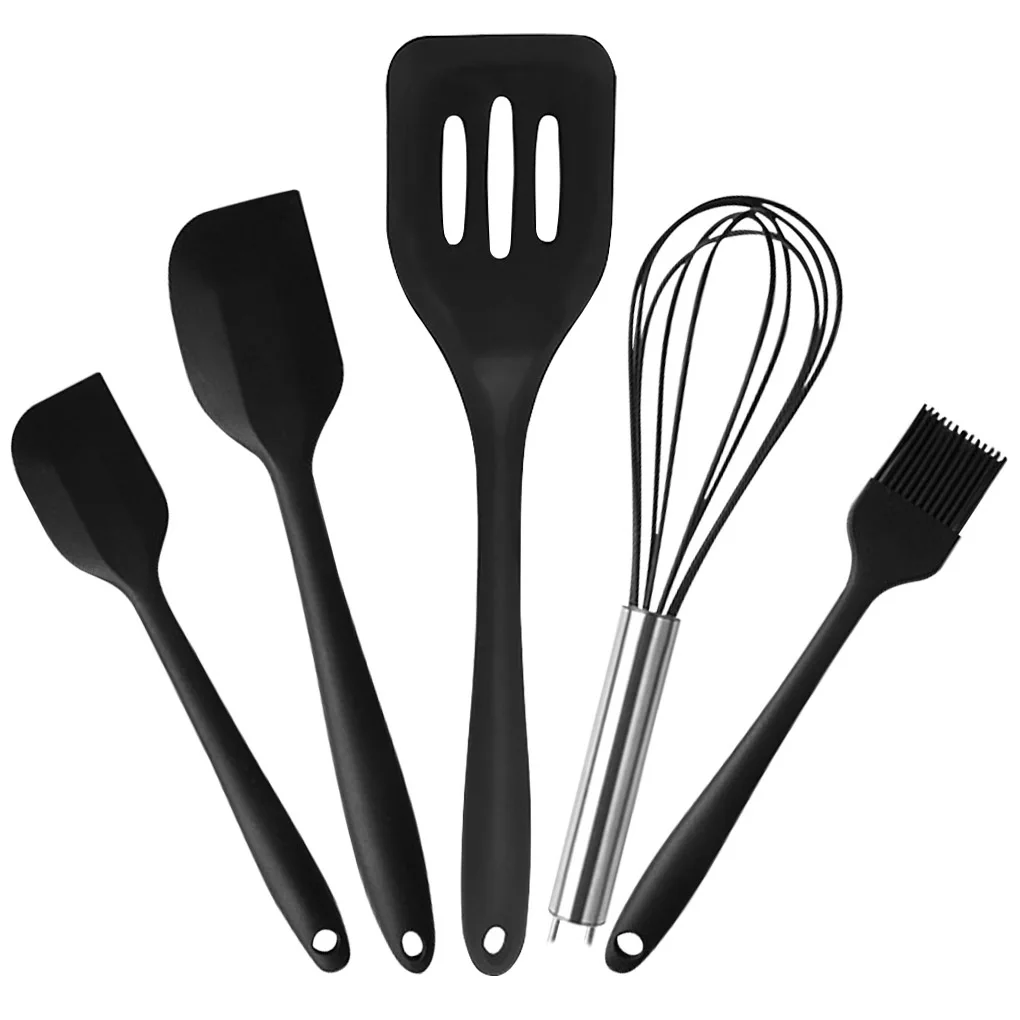 

5Pcs Silicone Spatula Set Slotted Turner Scraper Whisk Egg Beater Baking Oil Brush Kitchen Utensils, Black