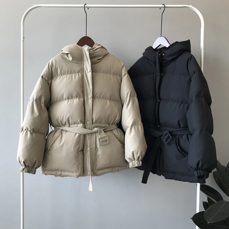 2021 Women's Jacket Streetwear Casual Padded Winter Warm Coat Femme Black Parkas with Sashes Hooded Korean Style Women Clothing
