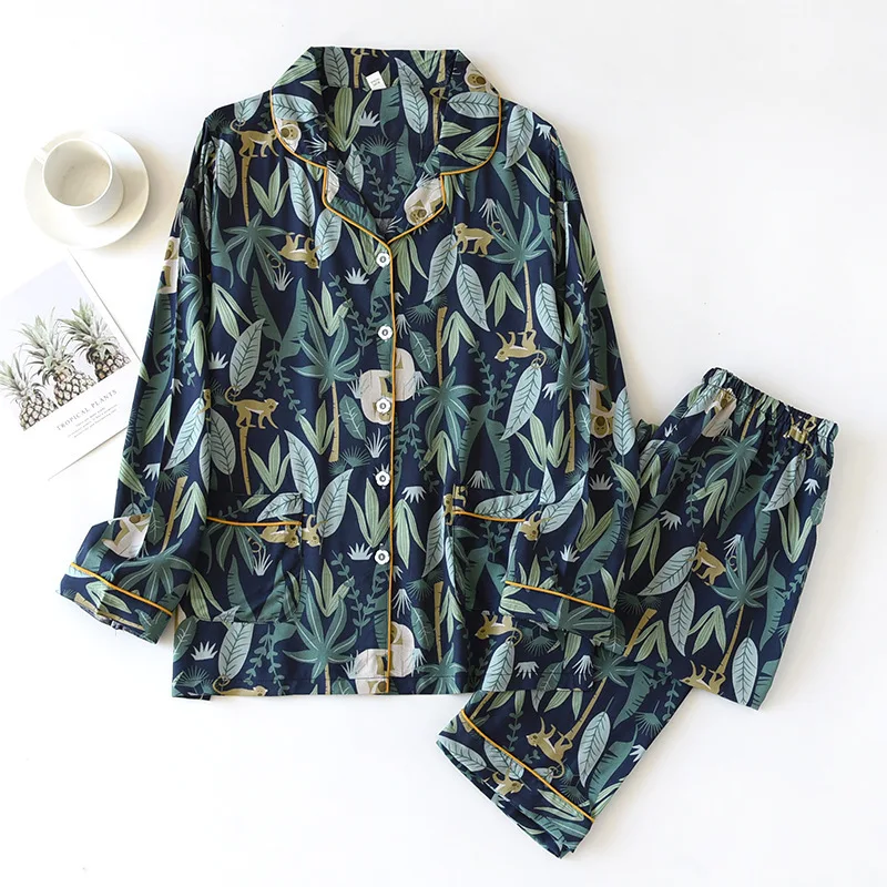 New 100% Viscose Pajamas Two-piece Long-sleeved Trousers Women's Flowers Comfortable Plus Size Homewear Suit