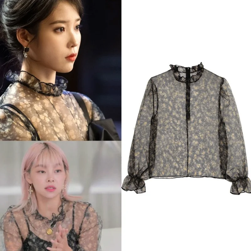 

Костюм для уличного танца Kpop IU Lee Ji En, черная прозрачная Цветочная блузка, костюм для сцены, праздничная одежда