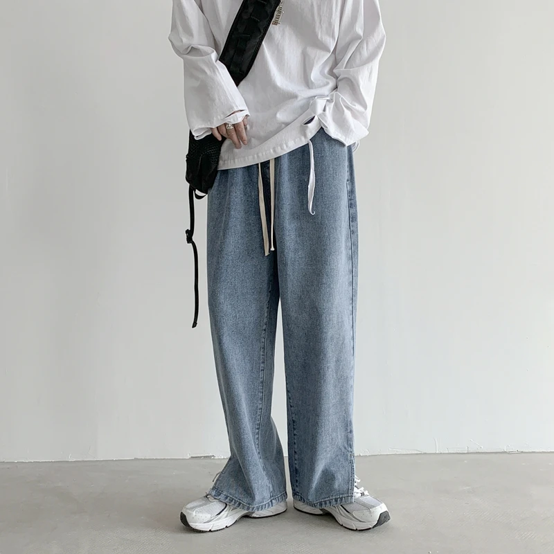 2022 Spring New Men's Korean Fashion Wide-leg Jeans Elastic Waist Drawstring Loose Straight-leg Denim Pants Retro Blue Trousers