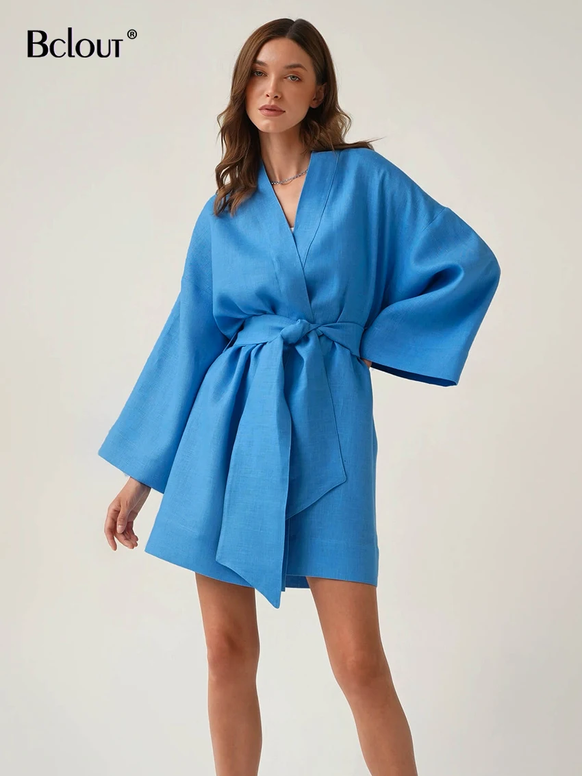 

Bclout Summer Loose Blue Linen Dress Women Elegant V-Neck Long Sleeve Lace-Up Mini Dresses Vacation Thin Wrap Dresses Woman 2022
