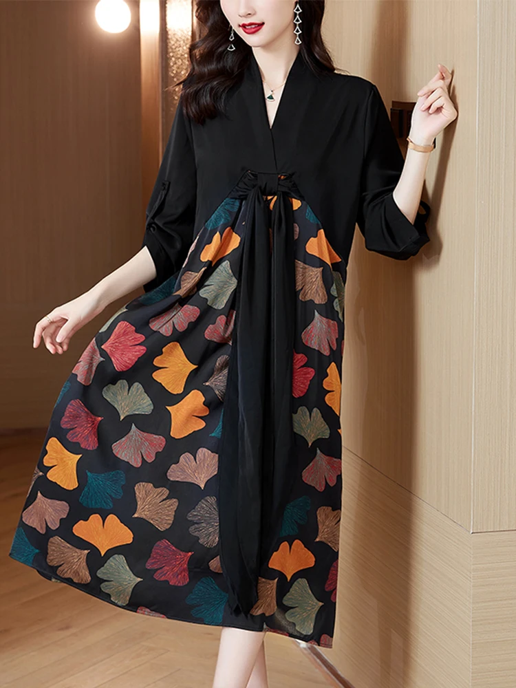 2023 New Summer Printed Silk Midi Dress Spring Autumn Patchwork Casual Long Sleeve Elegant Women Korean Fashion Long Dresses For