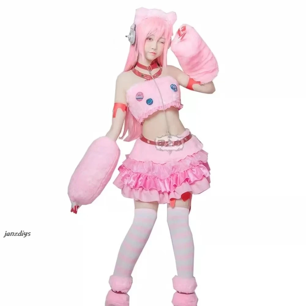 SUPER SONICO GRG Racing Queen Genus Gloomy Bear Cosplay Costume with socks Pink wig and Prop headset