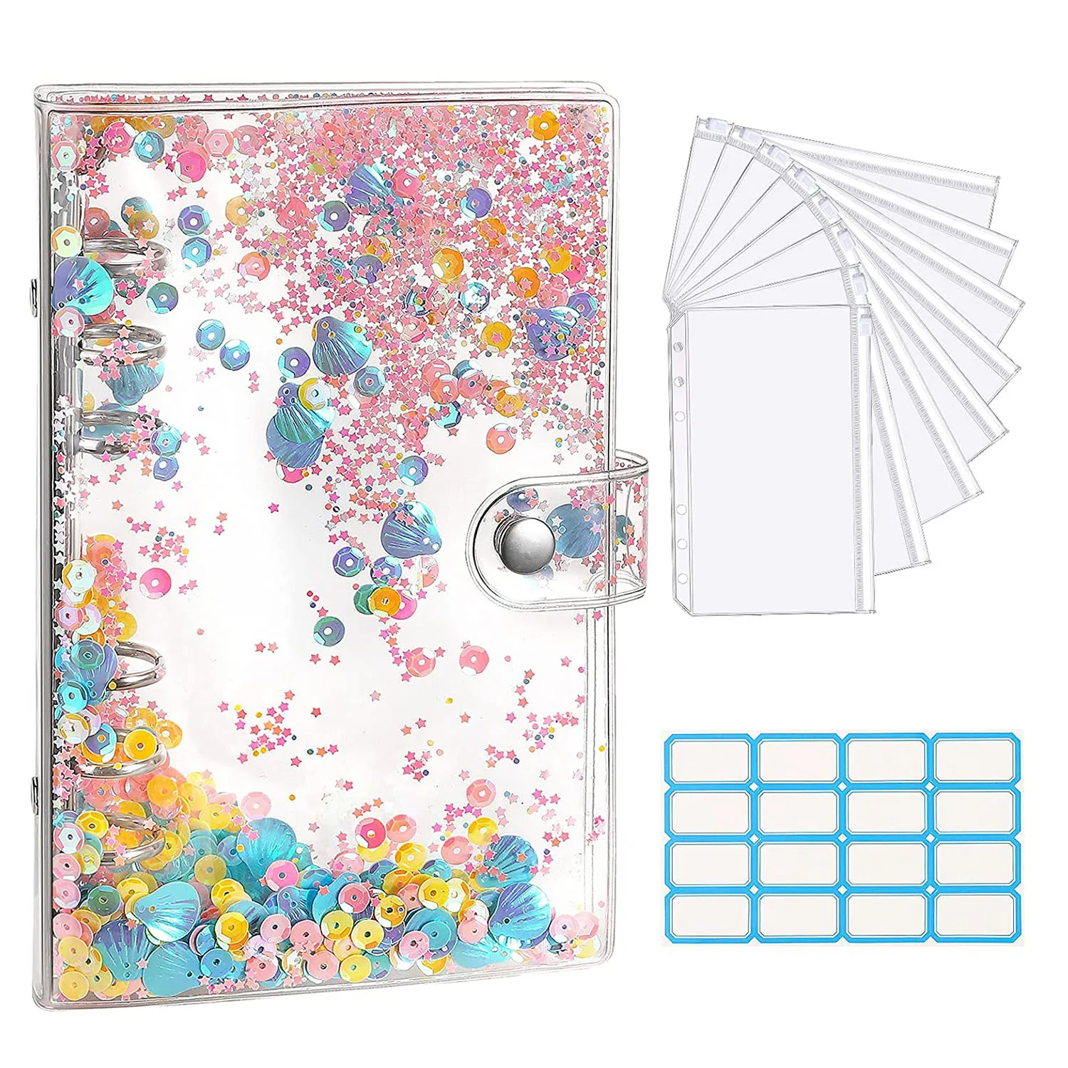 

A6 Clear PVC 6 Ring Notebook Budget Binder Cover with Sequins,Refillable ,8PCS Binder Envelope Pockets & Self-Adhesive Label