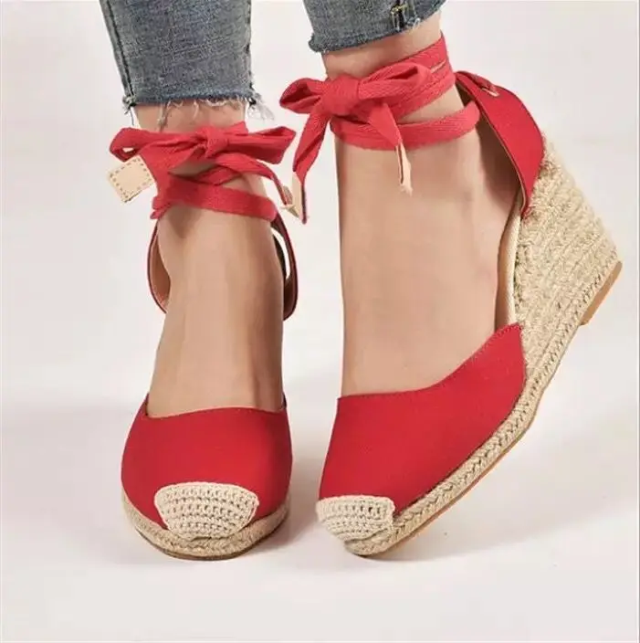 

Female Sandal 2022 Summer Straw Shoes Women Large Size Clogs Wedge Strappy Heels Girls Handmade Low Closed Big Beige Platform Co