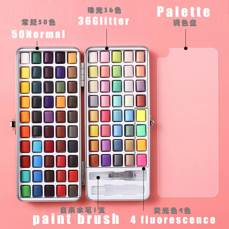 Solid Watercolor Paint Set Glitter Portable Metal Box Watercolor Pigment Squirrel Hair Brush Nail Art
