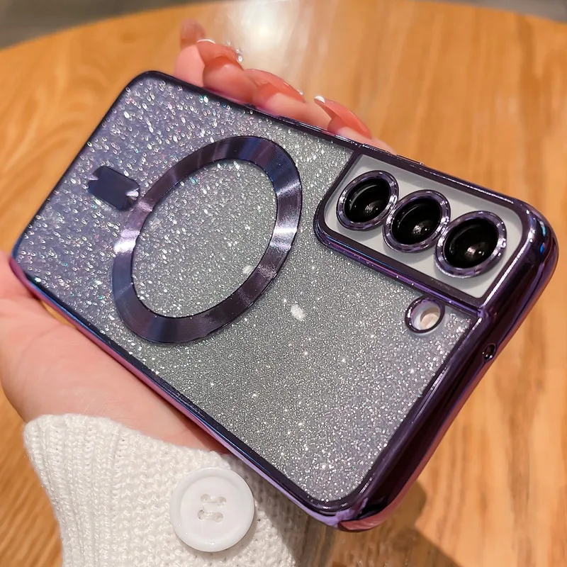 

Gradient Glitter Magnetic Sequins Clear Phone Case For Samsung Galaxy S23 S22 Ultra S21 Plus Plating Lens Film Protection Cover
