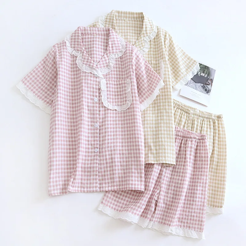 

Ladies Double-layer Gauze Lace Pajamas Japanese-style Plaid Short Suits Thin Casual Loose Large Size Casual Home Wear Outer Wear