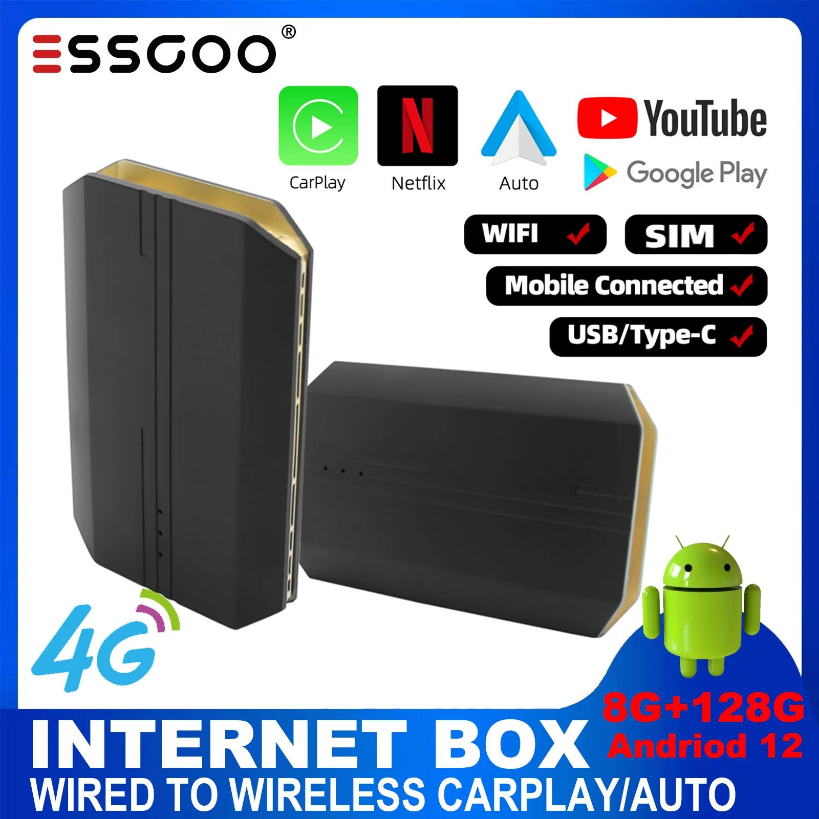 

ESSGOO Carplay Box Android 12 Netflix Youtube проводной беспроводной Carplay Android Авто WiFi 4G LTF для автомобиля Android Радио 8 ГБ + 128 ГБ