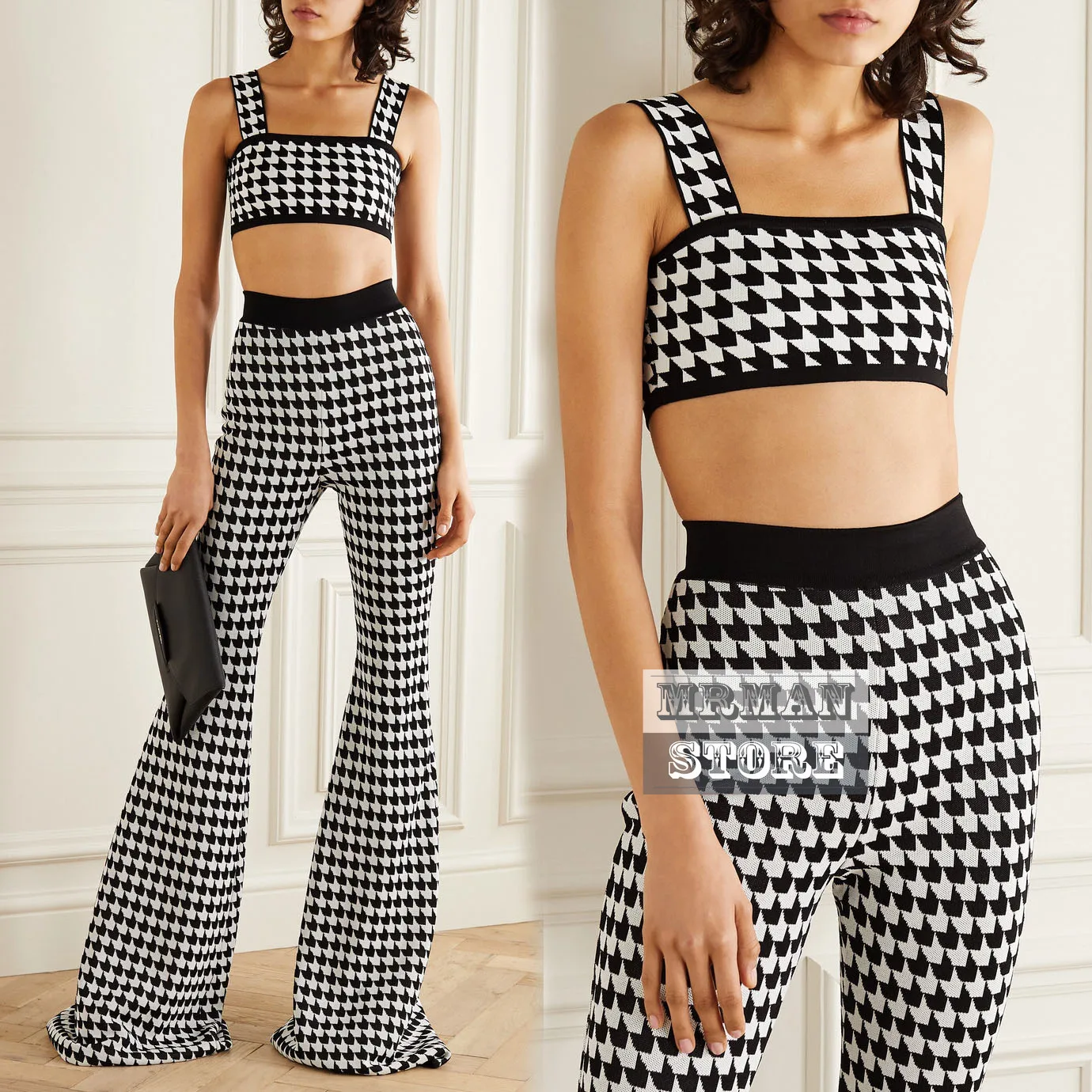 

Роскошный дизайн 2022 фирменный модный сексуальный топ-труба с высокой талией сексуальные расклешенные брюки трикотажный комплект из двух п...