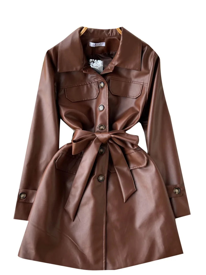 

Foamlina Women Faux Leather Dress 2022 New Autumn Winter Long Sleeve Turn-down Collar Single Breasted Sash A-line Short Dress