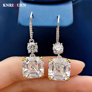 Sparkling 100% 925 Sterling Silver 12*12mm High Carbon Diamond Drop Clip Earrings for Women Elegant Wedding Party Fine Jewelry