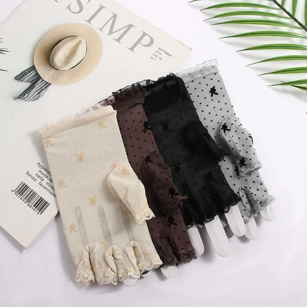 

Thin Sexy Hollow Dots Lady's Sun Protection Lace Gloves Rabbit Head Pattern Fingerless Mittens Driving Gloves