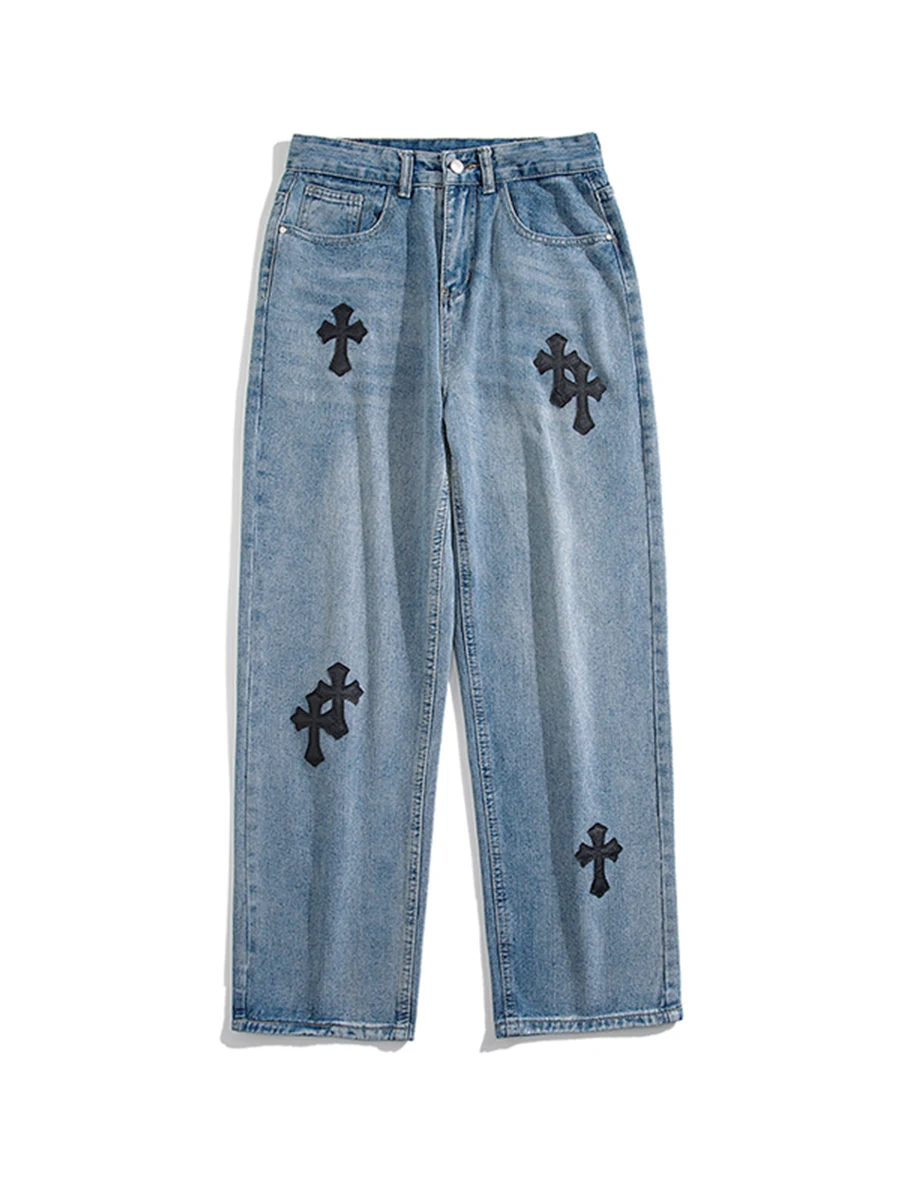 Four Seasons Men's Jeans American Trend Street Loose Cross Embroidery High Street Y2k Men Jeans Streetwear Men's Ins Hot Sale