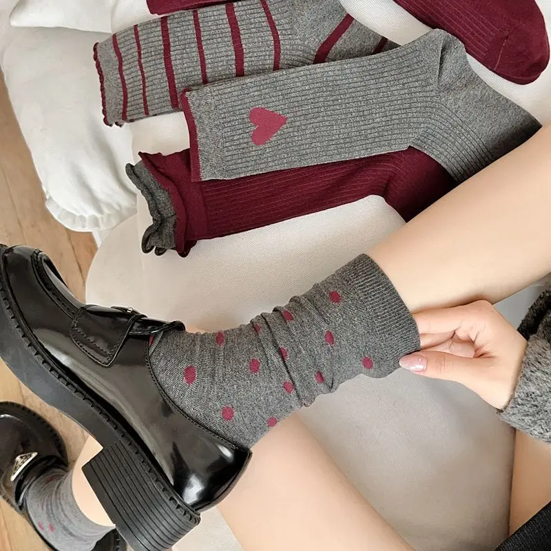Красные Полосатые женские носки средней длины с бантом длинные носки-трубы серые