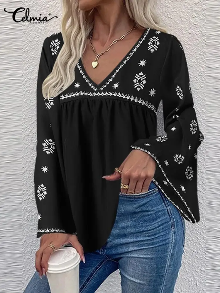 

Summer Elegant Floral Print Shirt Fashion Women's V Neck Blouses Celmia 2022 Casual Flare Long Sleeve Tops Street Stitched Tunic