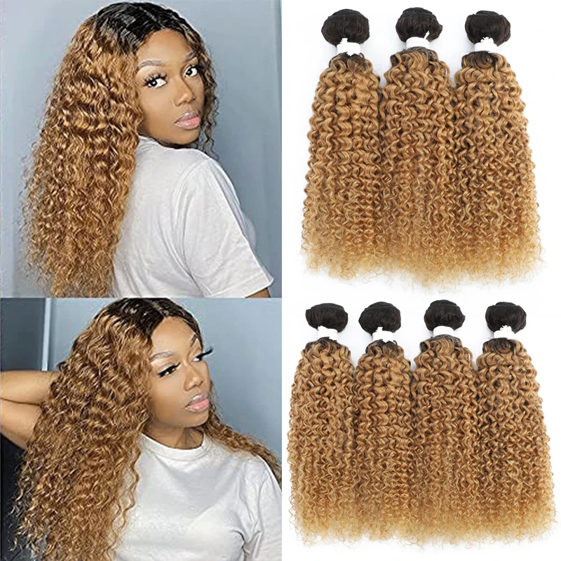 

Kinky Curly Human Hair Bundles Brazilian Human Hair Weave Bundles 1B/27 Ombre Brown Remy Hair Extension 3/4 Bundle Deals