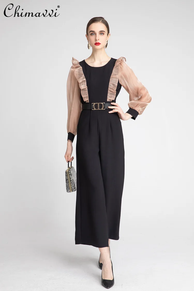 

2022 Spring New Fashion High-End Women's Patchwork Waist-Slimming Flounced Sleeve Wide Leg Mesh Jumpsuit Elegant Commute Overall