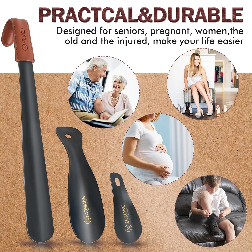 ZOMAKE 2pcs Metal Long Handle Shoe Horn for Seniors 16.5 Inch with Travel Shoe Horn Helper for Men Women-Kids Aid Accessories