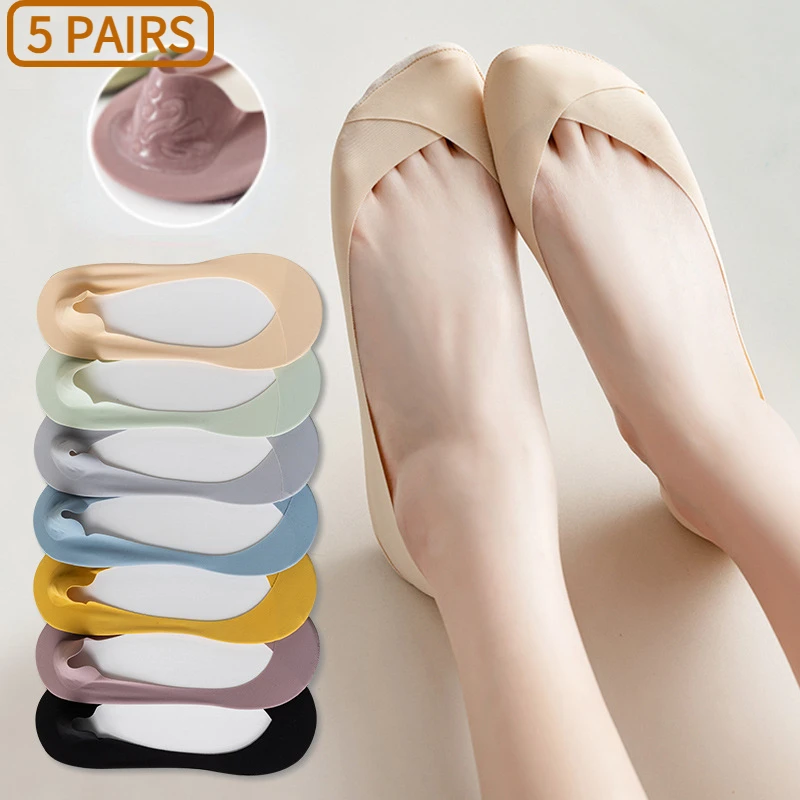 5 Pairs/Lot Socks for Women Ice Silk Boat Socks Non-slip Silicone Invisible No Show Low Cut Short Thin Breathable Summer
