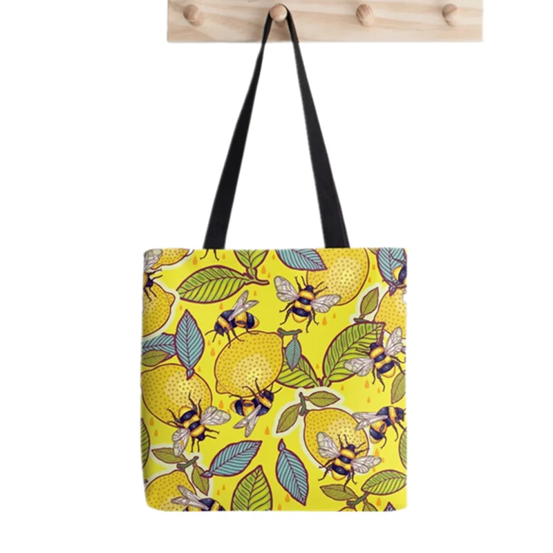 

Shopper Yellow lemon and bee garden Printed Tote Bag women Harajuku shopper handbag girl Shoulder shopping bag Lady Canvas Bag