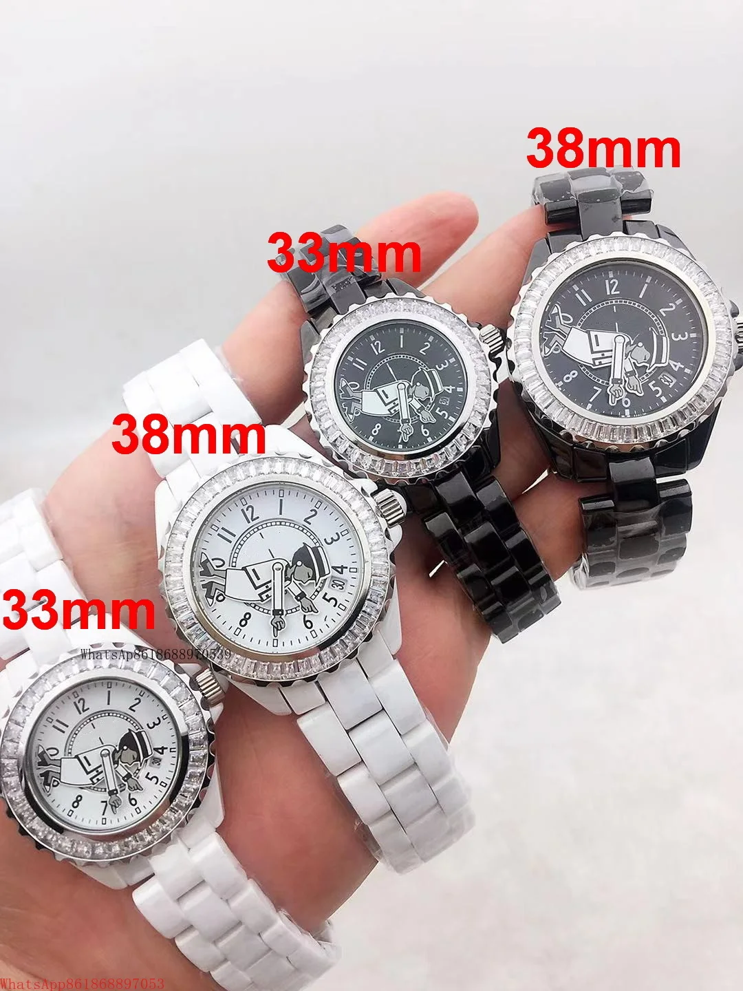 

New men women quartz black white ceramic watch Diamonds Bezel