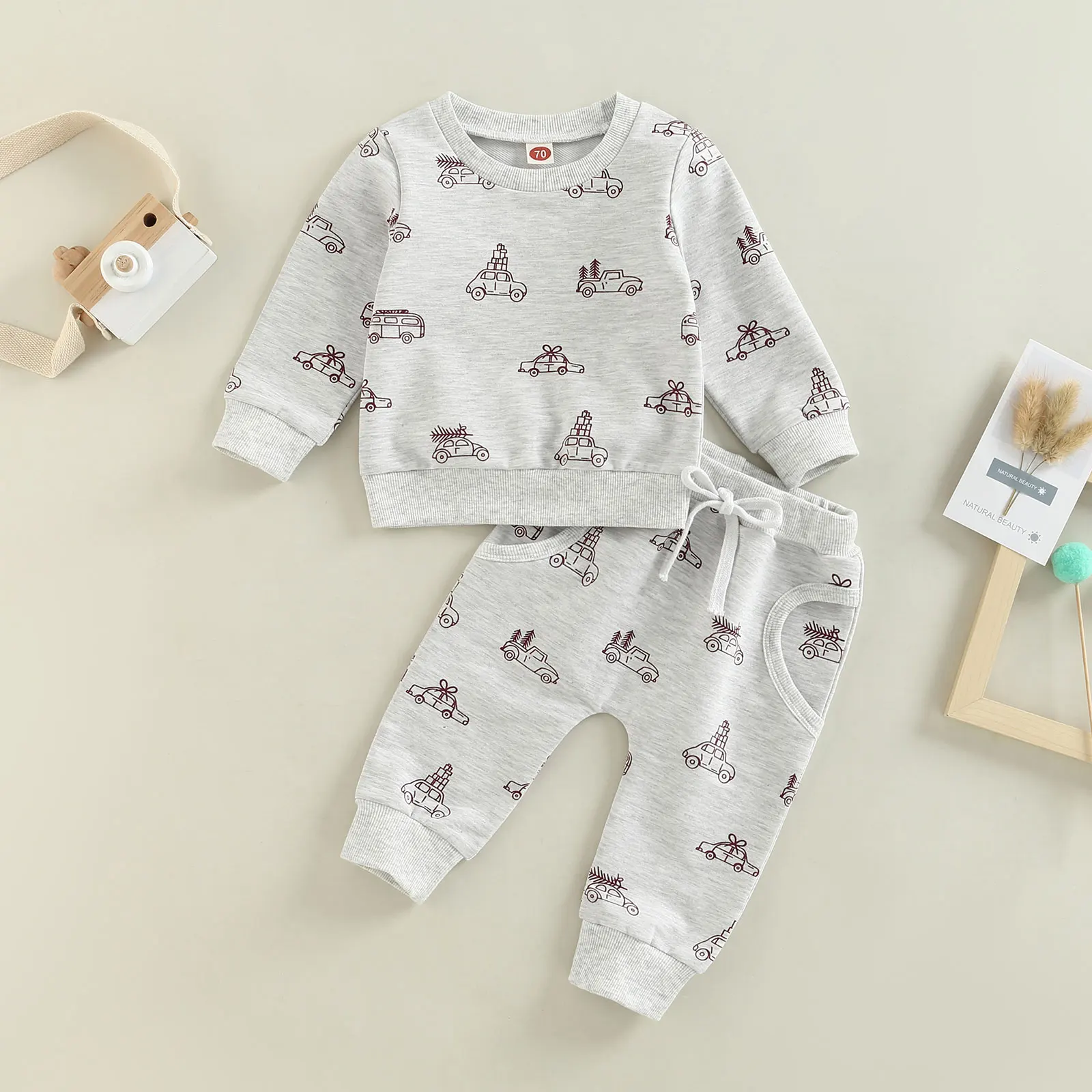 

TR New Autumn Christmas Toddler Baby Girls Boy Outfit Car Print Long Sleeve Sweatshirt Tops and asual Pants Xms Set