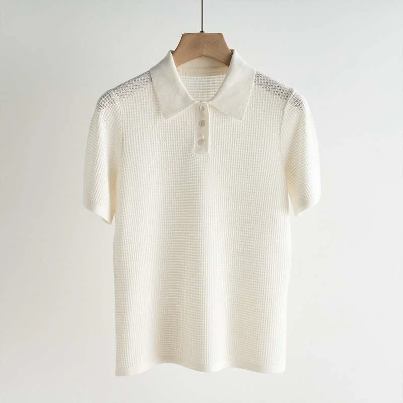 

Hollow All-match Silk Lapel Short Sleeve Light Knitted Sweater Women